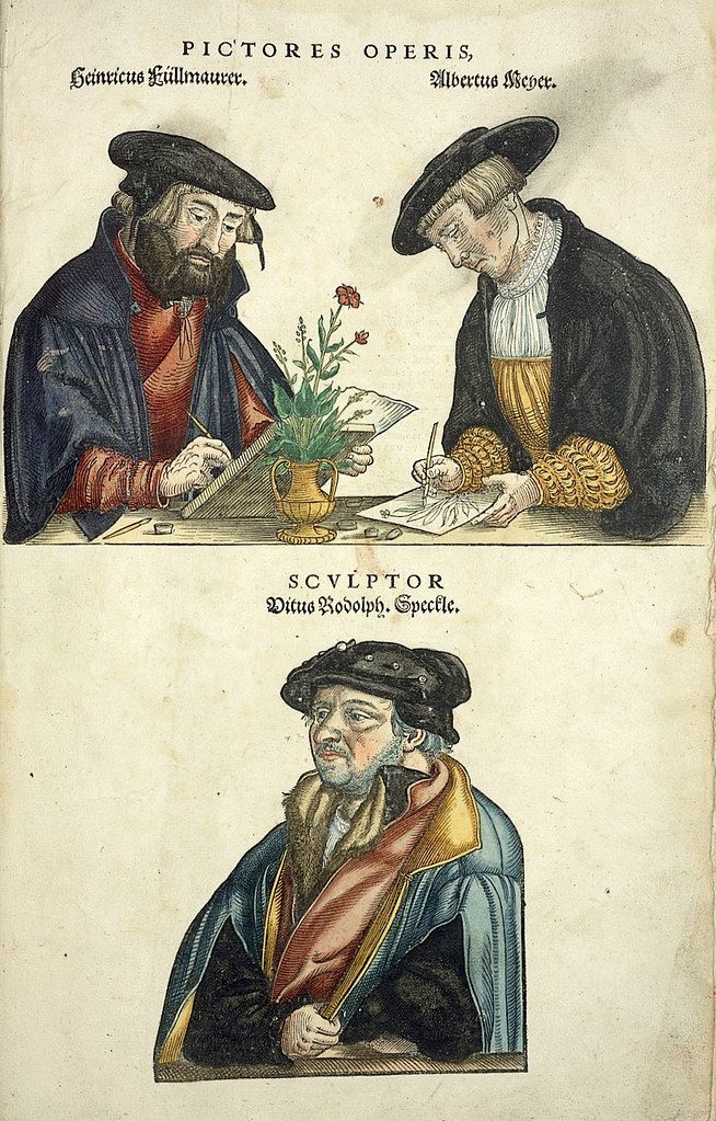 Vintage print featuring three portraits of men, two seated at a table and one individual portrait, with text identifying them as artists and a sculptor.