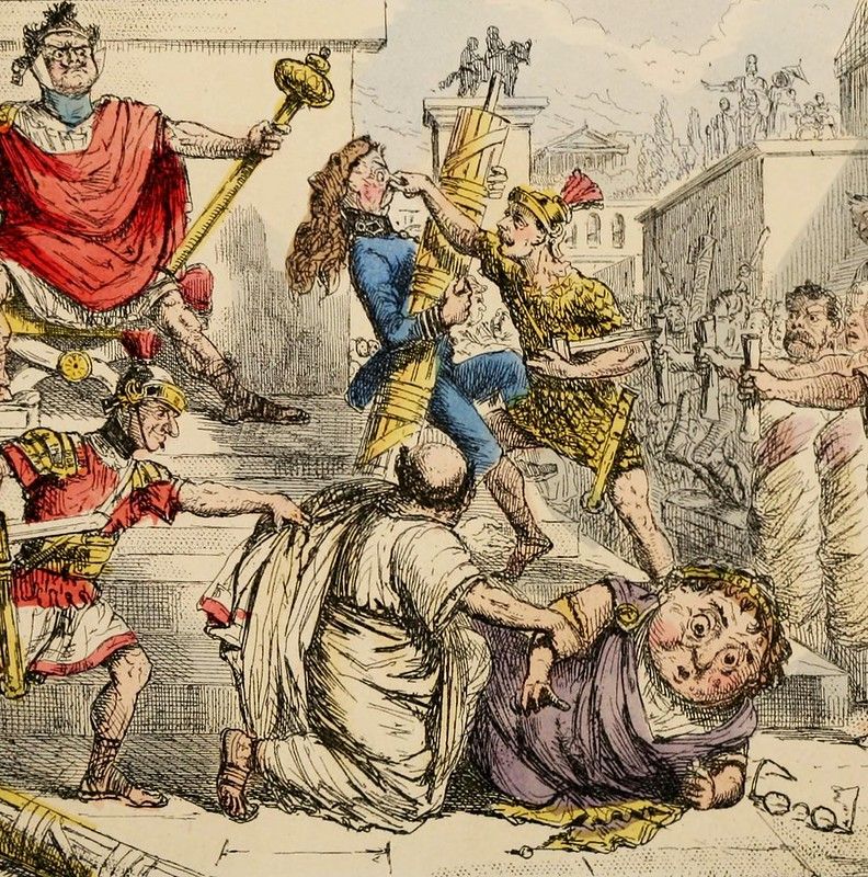 Vintage illustration of a chaotic scene in ancient Rome, with figures engaged in a violent confrontation and a crowd of onlookers.