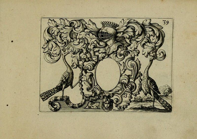 A detailed black and white engraving of an ornate crest or ornamental design with birds and a crown.
