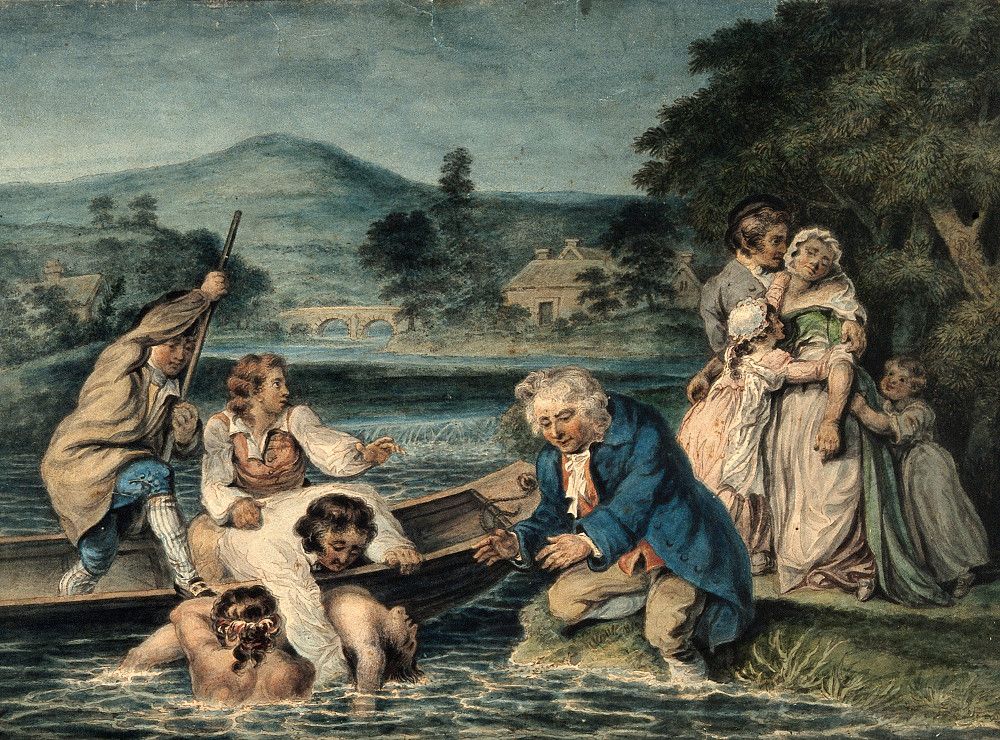 A watercolor painting depicting a scene of people near a body of water in a rural landscape.