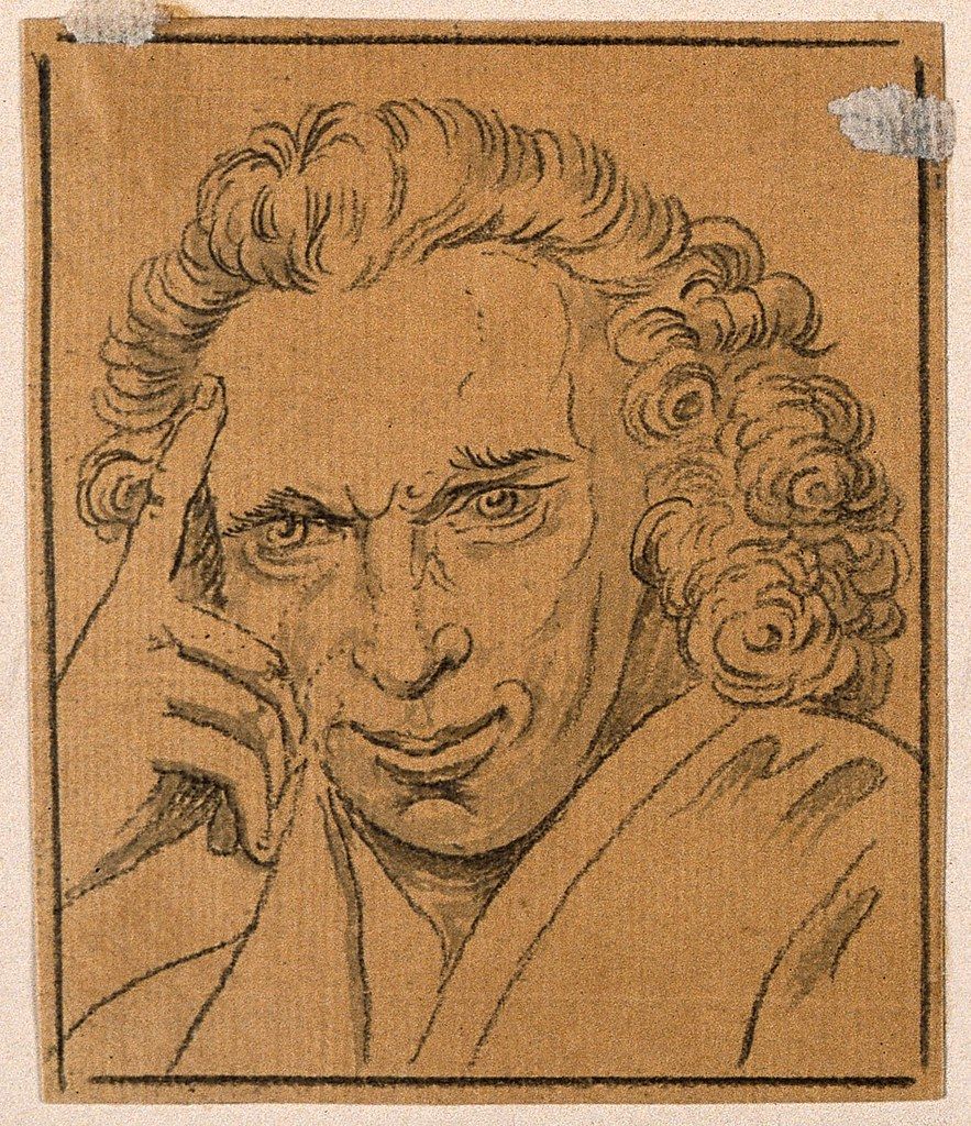 Sepia-toned drawing of a man with curly hair and a thoughtful expression.