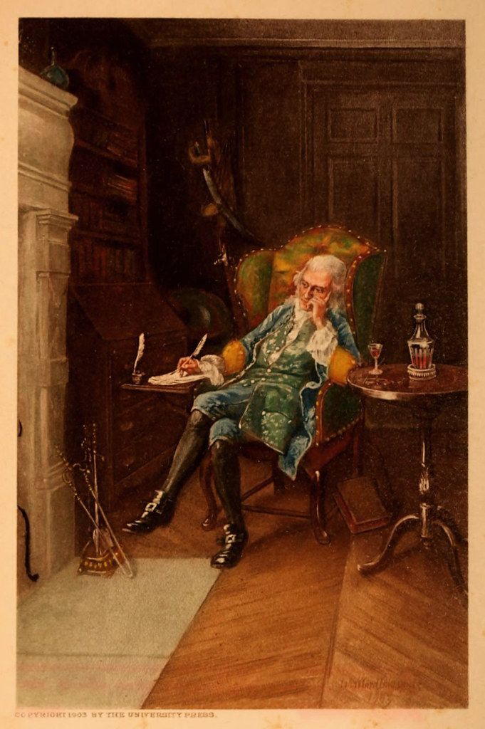 Vintage illustration of an elderly man in 18th-century attire writing in a richly decorated room.