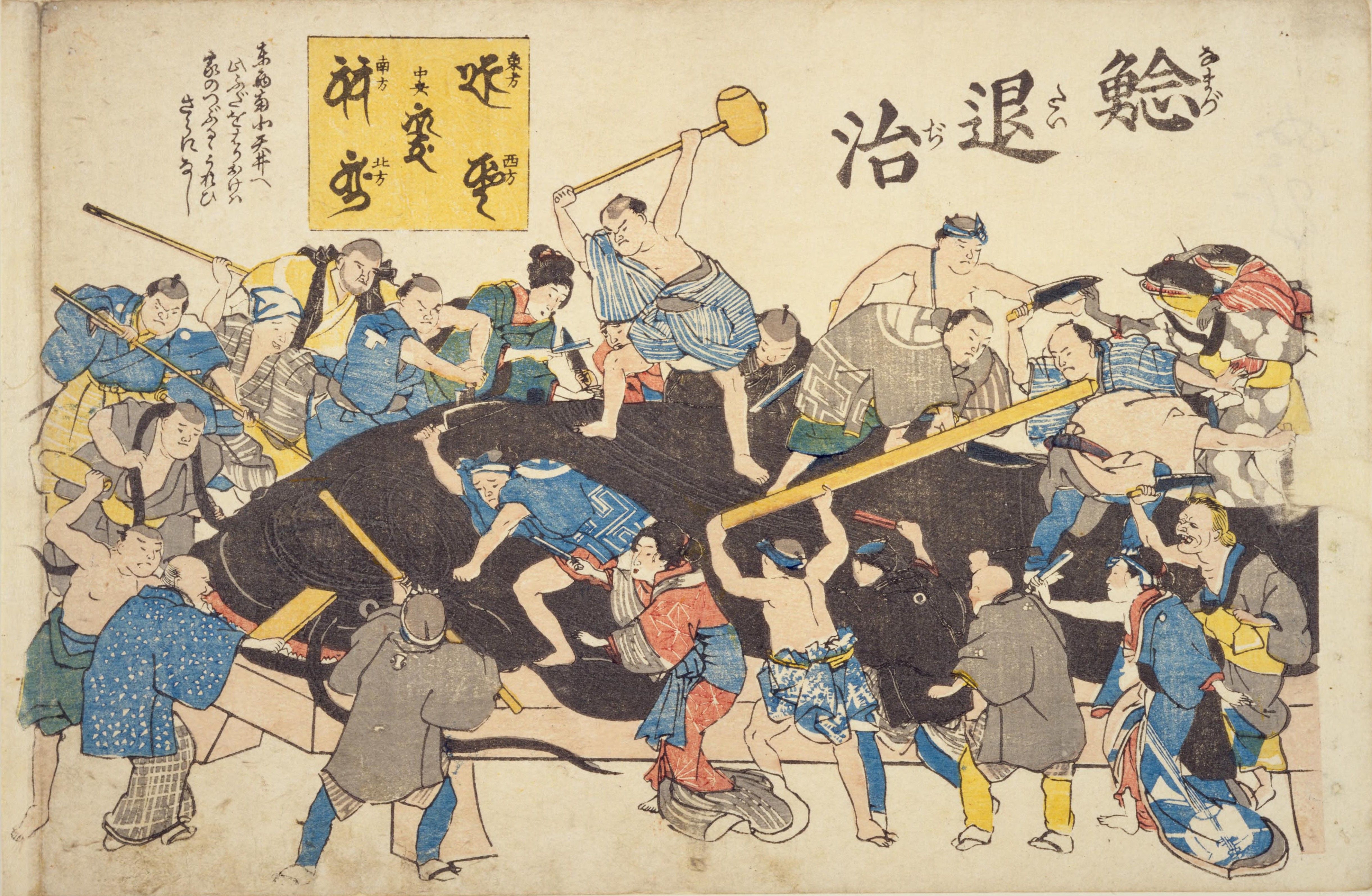 A vibrant woodblock print depicting a chaotic scene of a large group of people struggling to move a massive object, likely a large stone or part of a building.