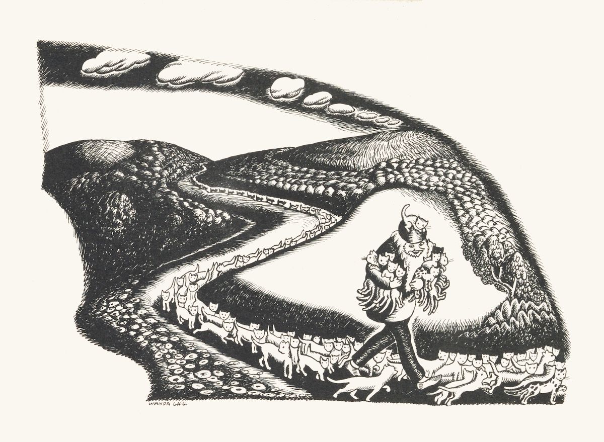 Black and white illustration of a person surrounded by cats walking along a winding path in a stylized landscape.
