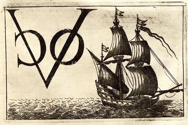 A black and white illustration of a sailing ship on a wavy sea, with a decorative letter arrangement to the left.