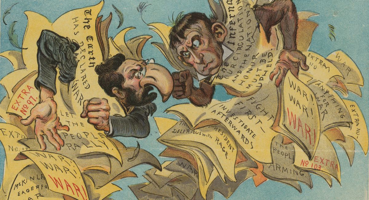 A colorful political cartoon from 1898 depicting two men in a heated confrontation surrounded by newspapers with headlines about war.
