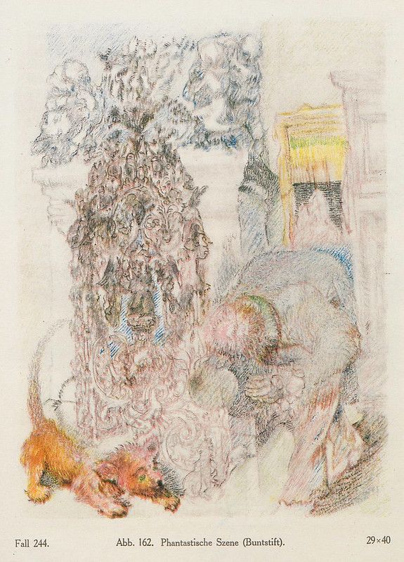 A colorful pencil drawing of a fantastical scene with a large, ornate tree, figures, and a building.