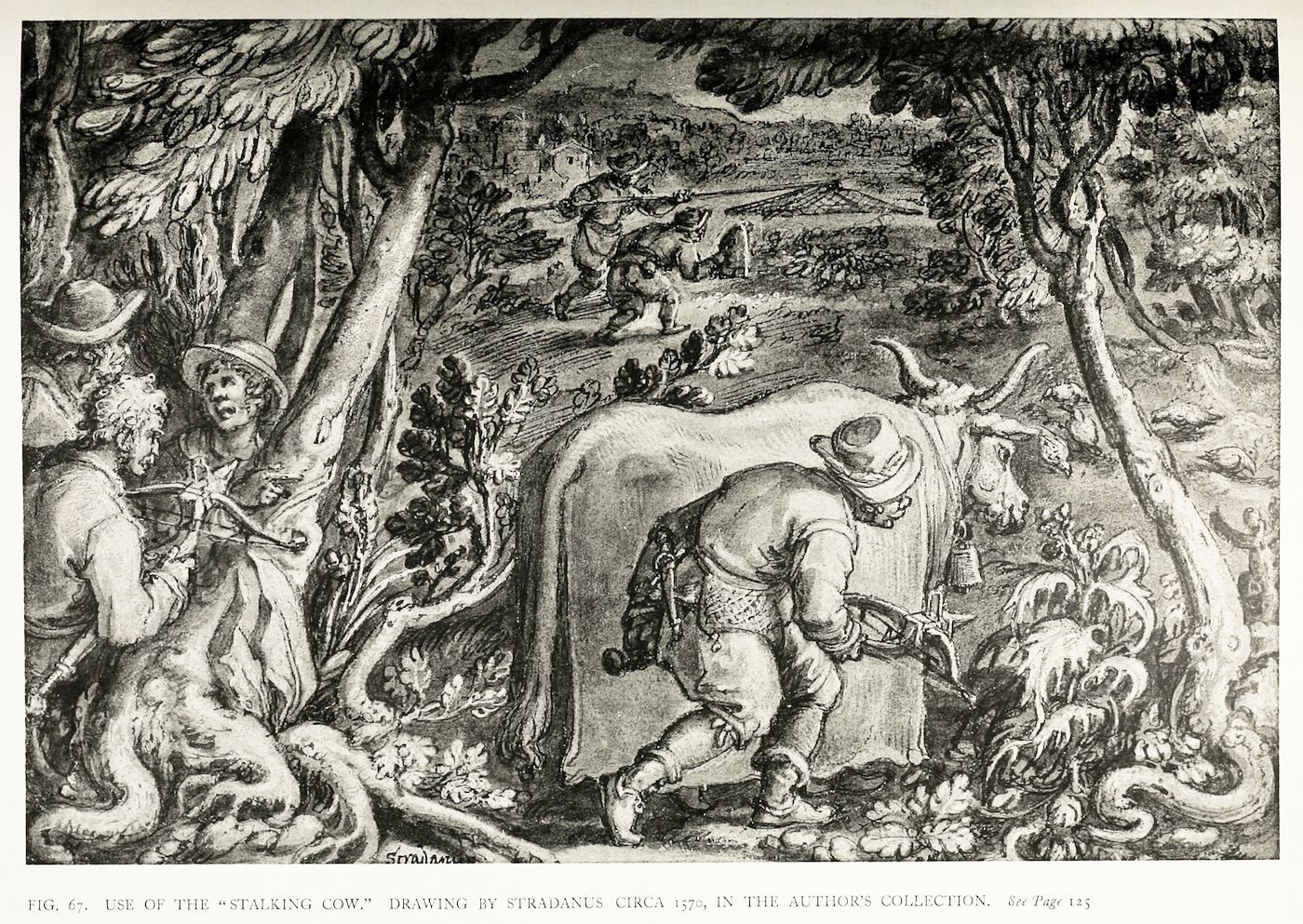 Black and white drawing of a man stalking a cow in a rural landscape.