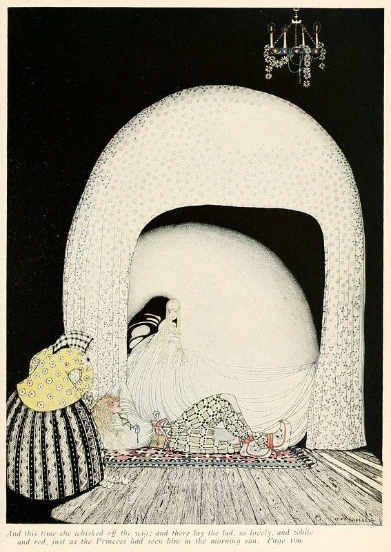 A black and white illustration of a woman looking at a man lying in a bed or alcove, enclosed by a large egg-shaped structure.