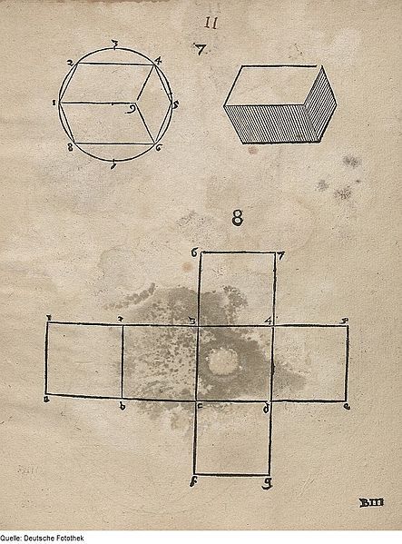 Vintage diagram of a cube, its net, and an octagon with labeled vertices.