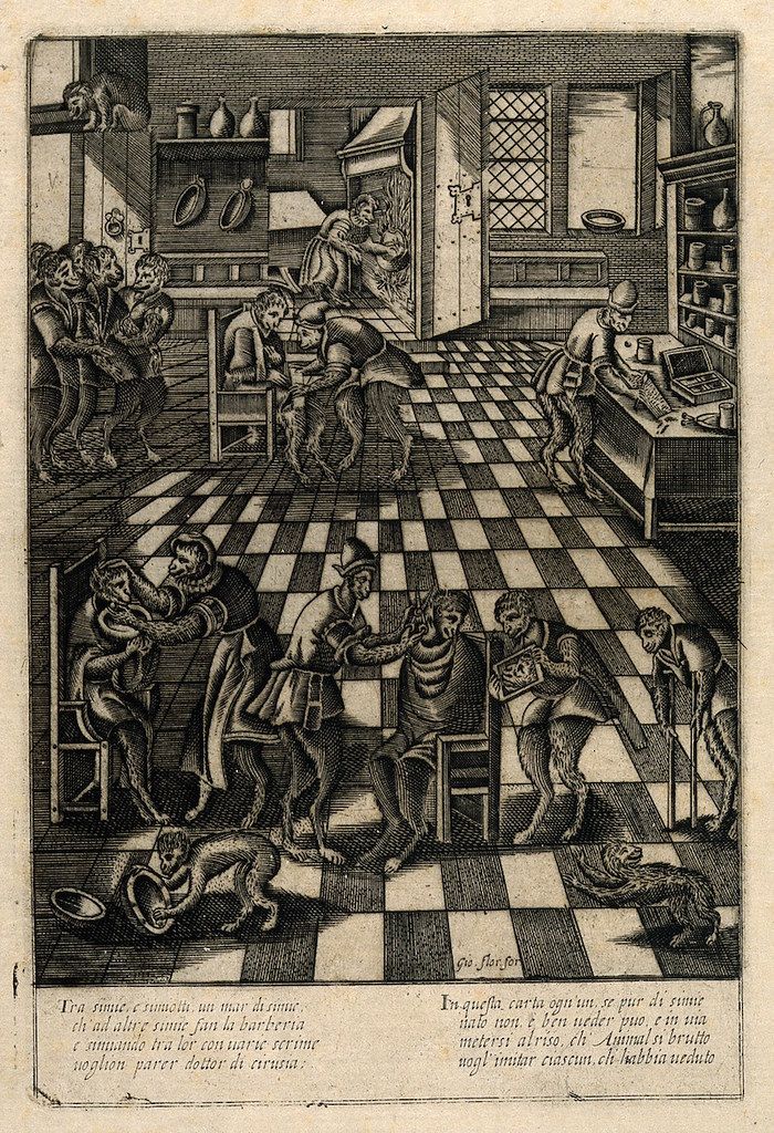 A black and white engraving depicting a chaotic scene within a room, filled with numerous figures engaged in a wild activity.