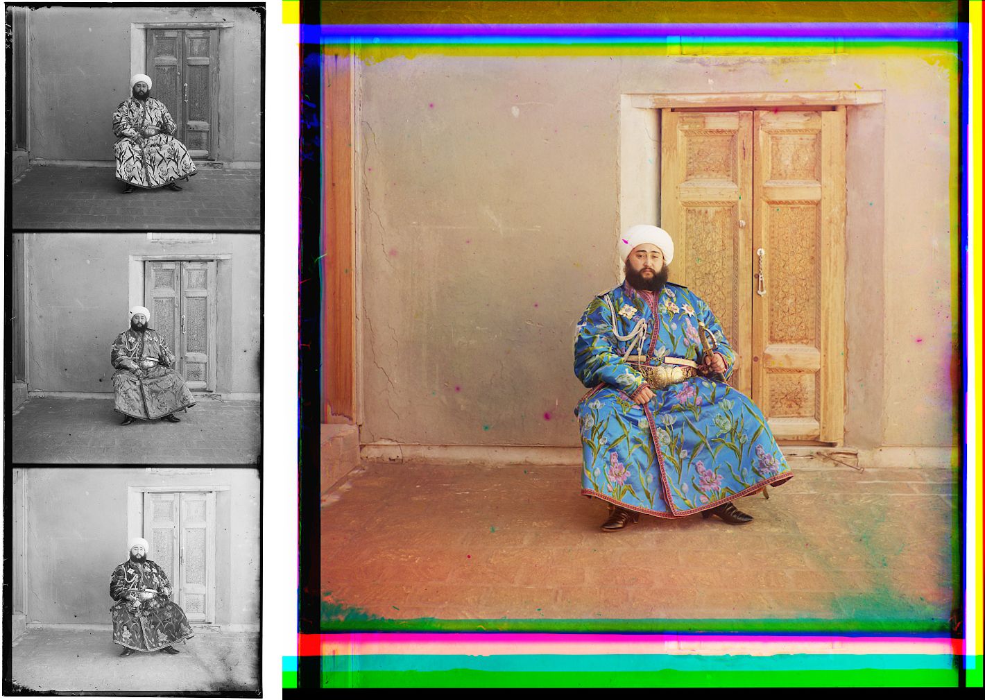 Vintage photograph of a man in traditional attire seated in front of a door.