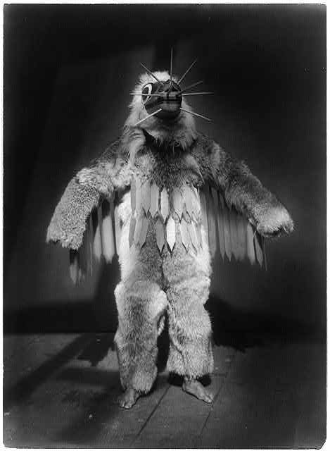 A person in a full-body bird costume stands with arms outstretched on a wooden floor.