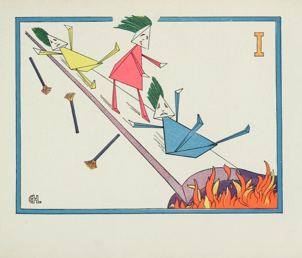 A vintage illustration of three geometric figures sliding down a pole towards a fire, with scattered brooms. The background is pale yellow, and the image is framed by a dark blue rectangle.