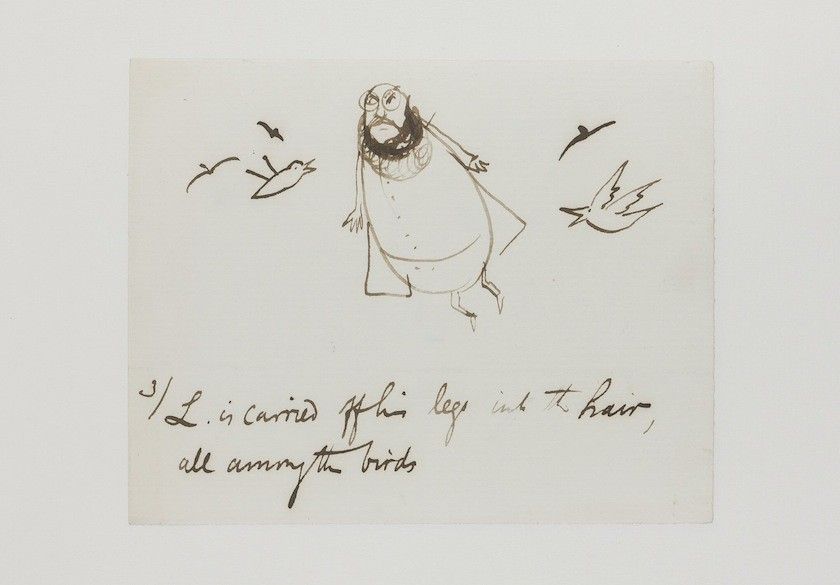 A sepia-toned sketch of a man with birds flying around him, with handwritten text below.