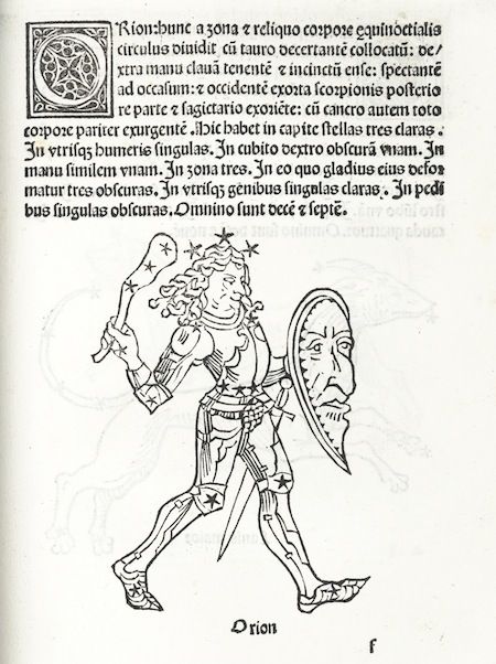 A black and white woodcut illustration of the skeletal figure of Orion, the hunter, carrying a shield and club, surrounded by text and an ornate initial letter.
