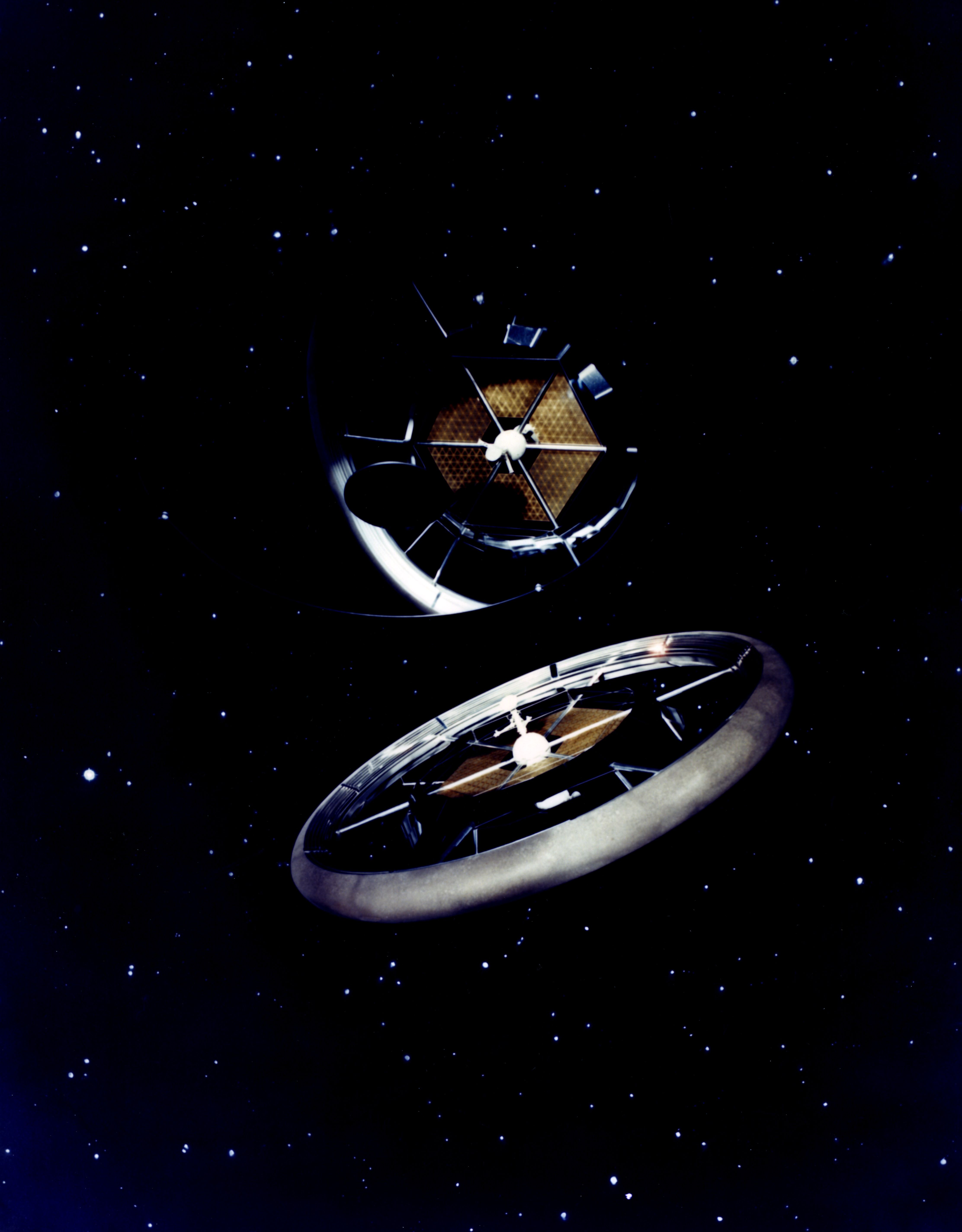 A conceptual illustration of a spacecraft or satellite in deep space, featuring two large, ring-shaped structures positioned vertically against a backdrop of countless stars.