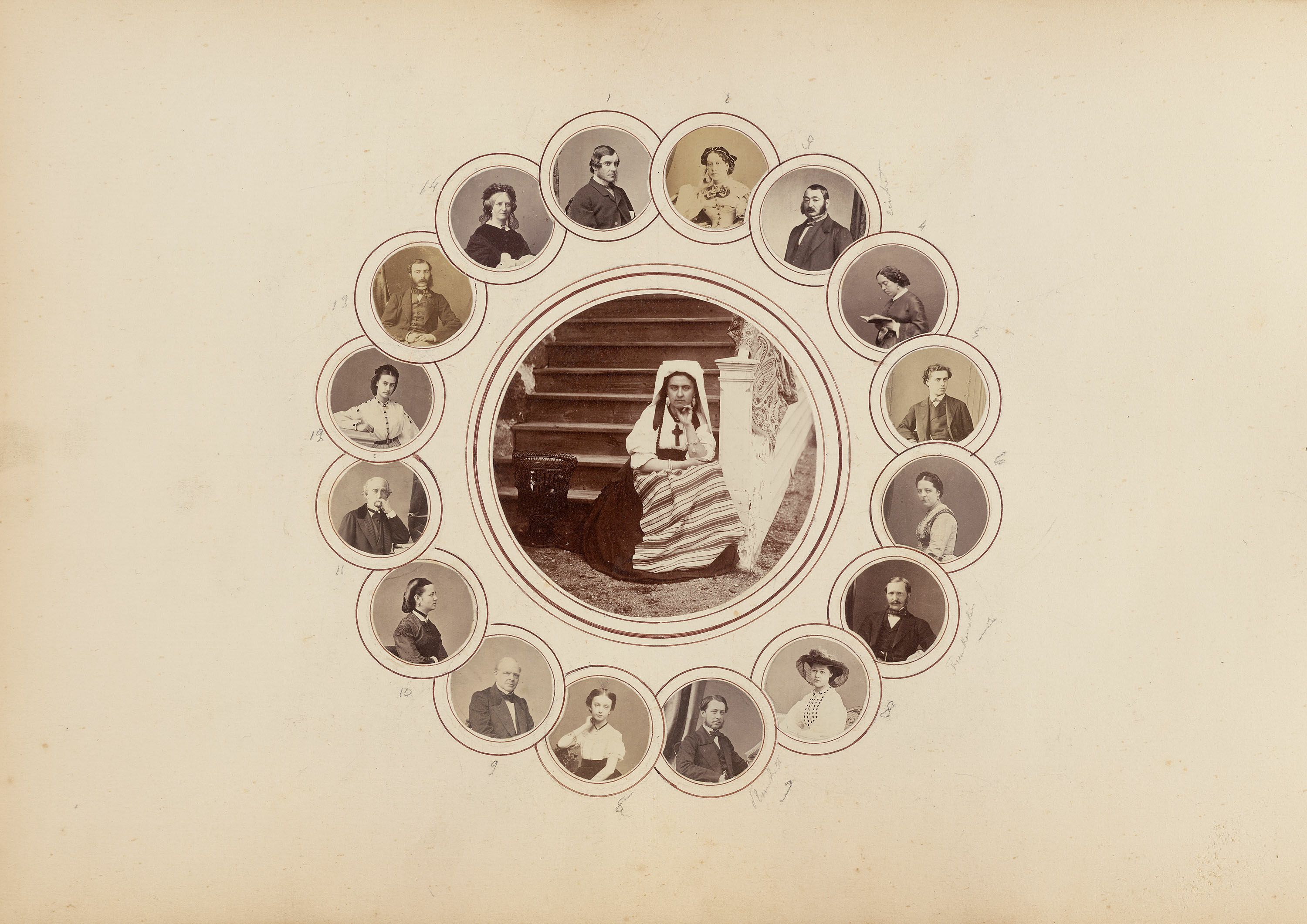 Vintage sepia-toned photograph of a woman at a piano surrounded by 14 oval portraits of people.