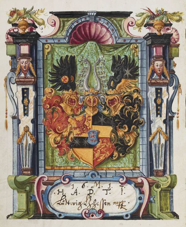 Detailed illustration of a coat of arms with ornate decorations and a scroll bearing text.