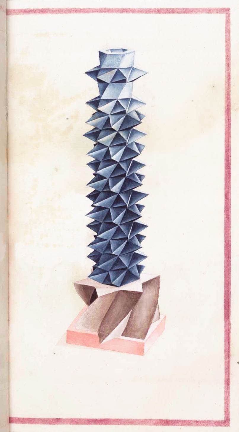 A vintage illustration of a tall, blue-gray crystal formation with triangular facets, resting on a pink platform with three dark brown angular supports.