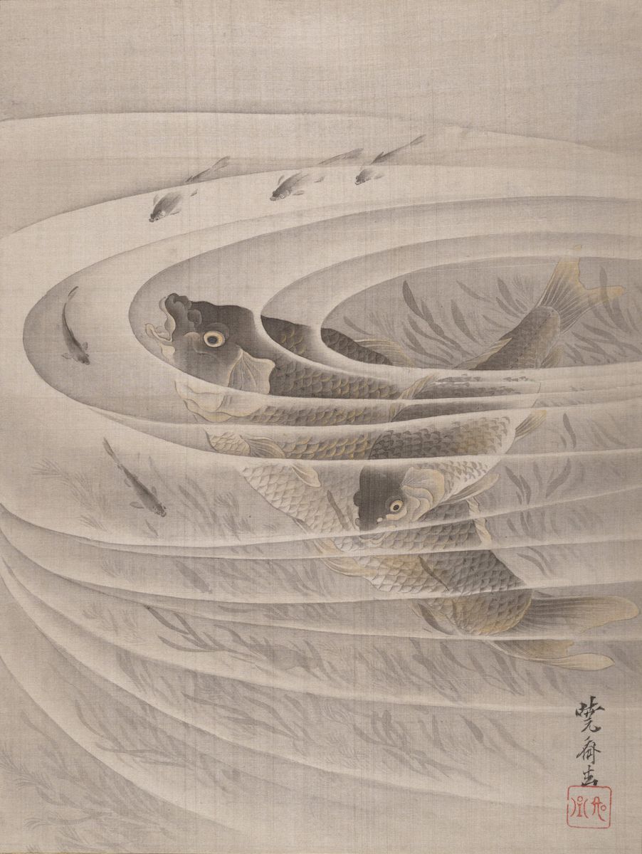 Vintage Japanese woodblock print of a swirling vortex of koi fish in shades of brown and beige.