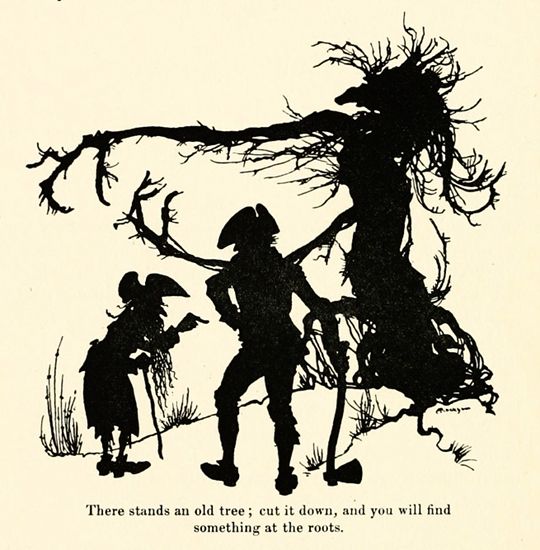 A black and white illustration of a man and woman standing before a large, gnarled tree. The caption reads: "There stands an old tree; cut it down, and you will find something at the roots."