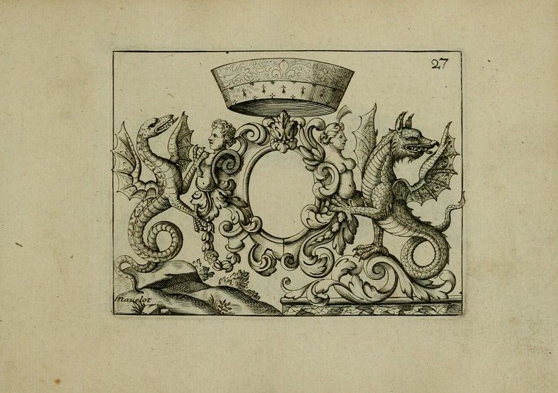 A black and white engraving featuring dragons, a crown, and ornate scrollwork around an oval shape.