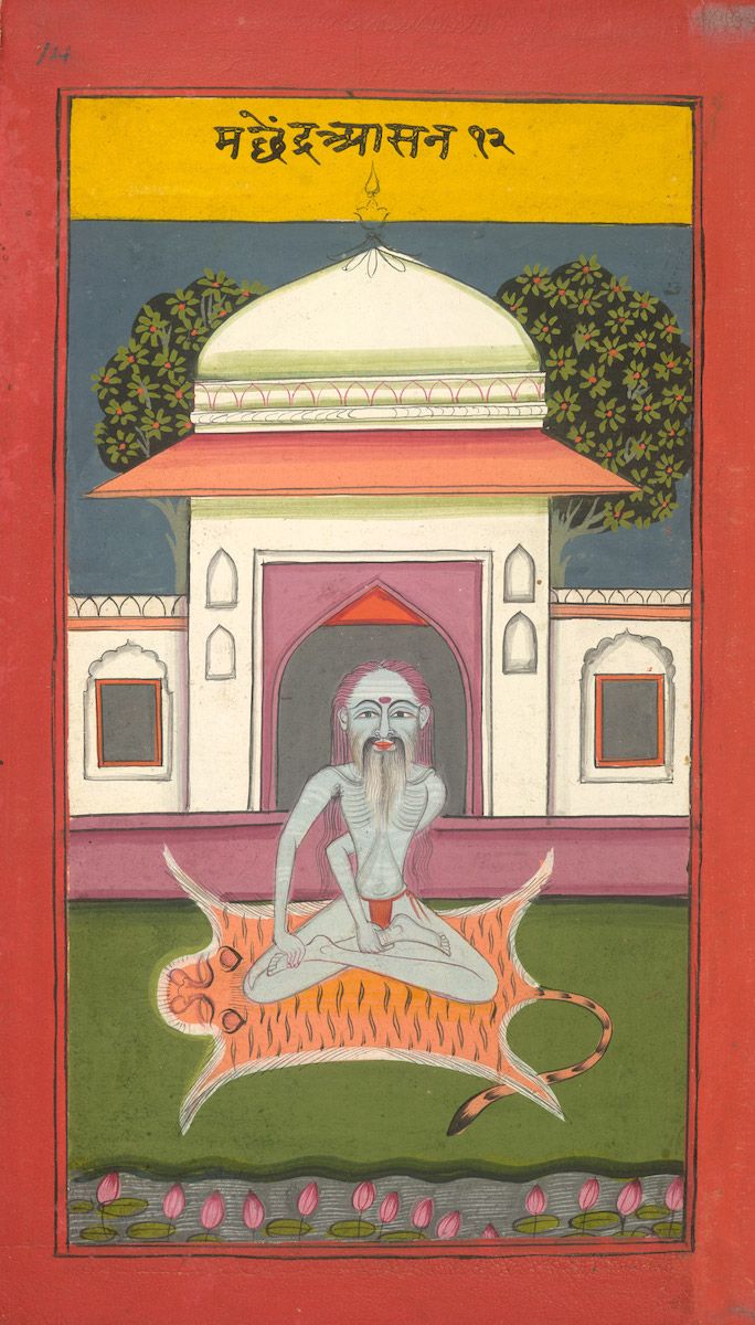 A painting of a yogi seated in a lotus position on an animal skin in front of a building.