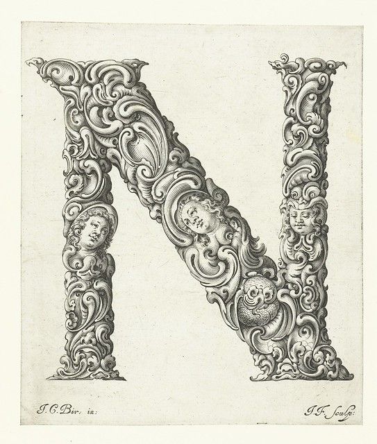 A detailed black and white engraving of the letter 'N', heavily ornamented with cherubs, scrolls, and floral patterns.