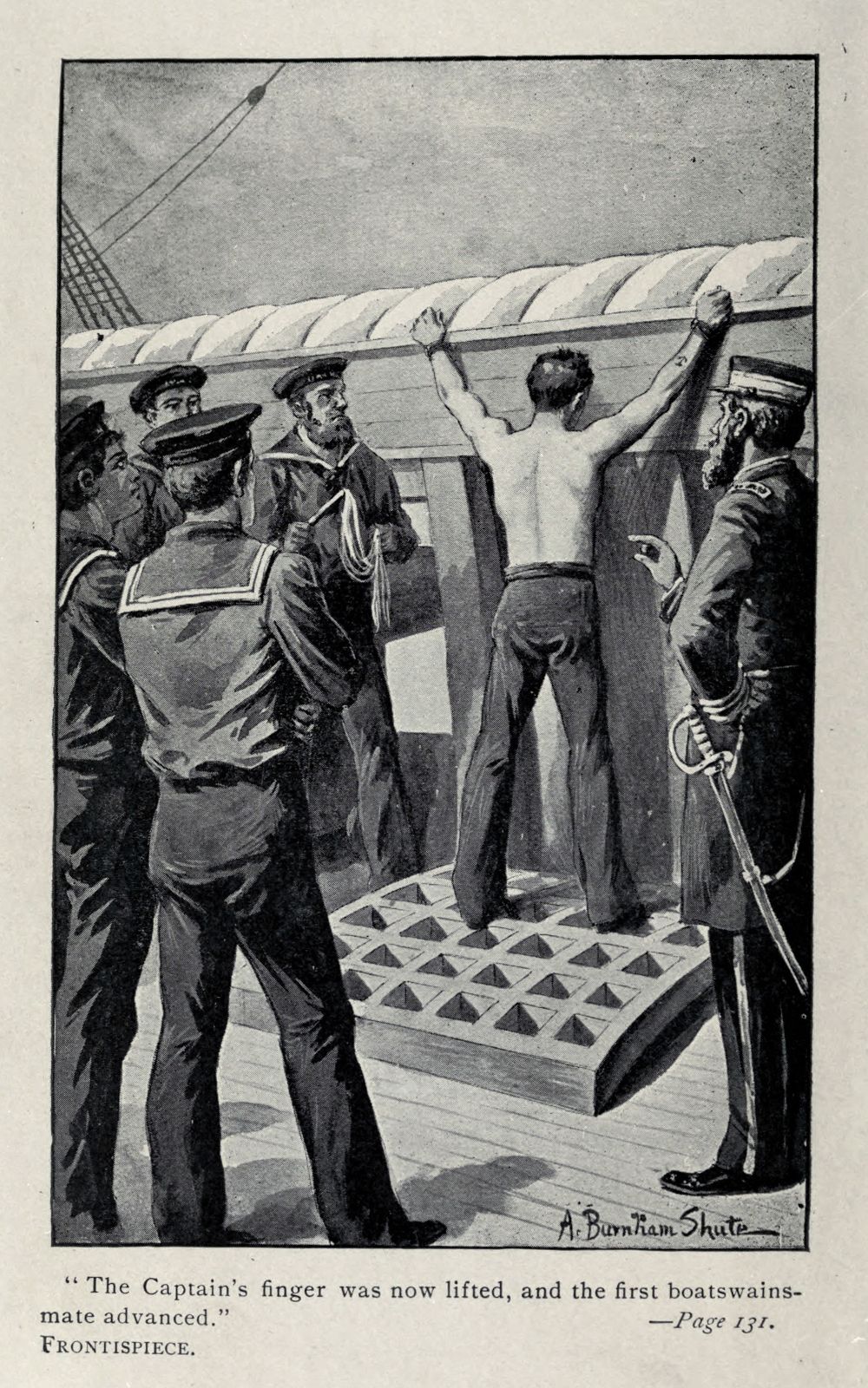 A black and white illustration of a man being punished on a ship deck, surrounded by sailors.