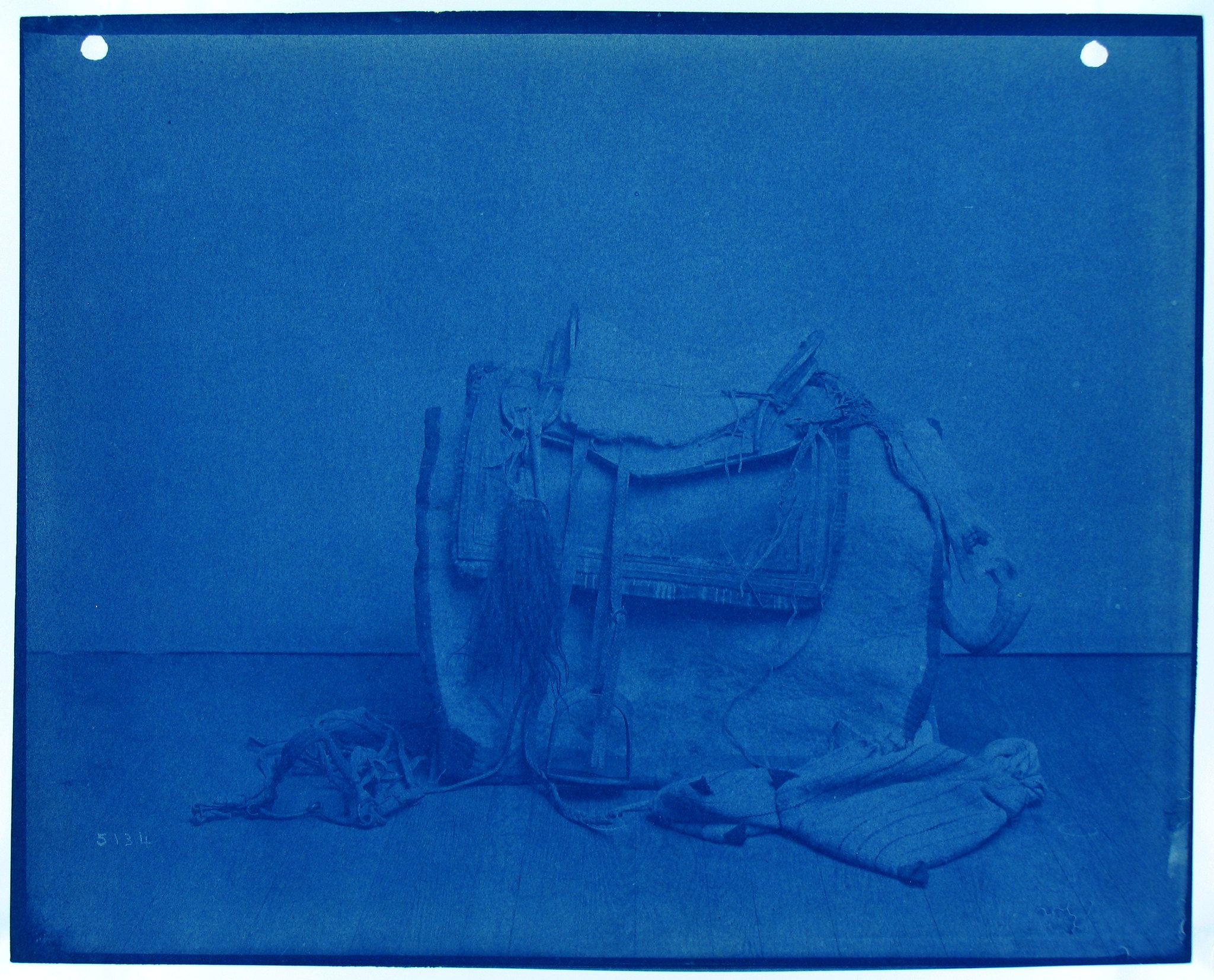 Cyanotype photograph of a complex arrangement of horse harness and tack, rendered in shades of blue.