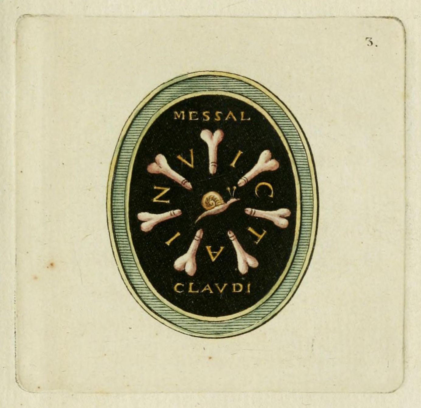 Antique illustration of an oval-shaped design with bones and text.