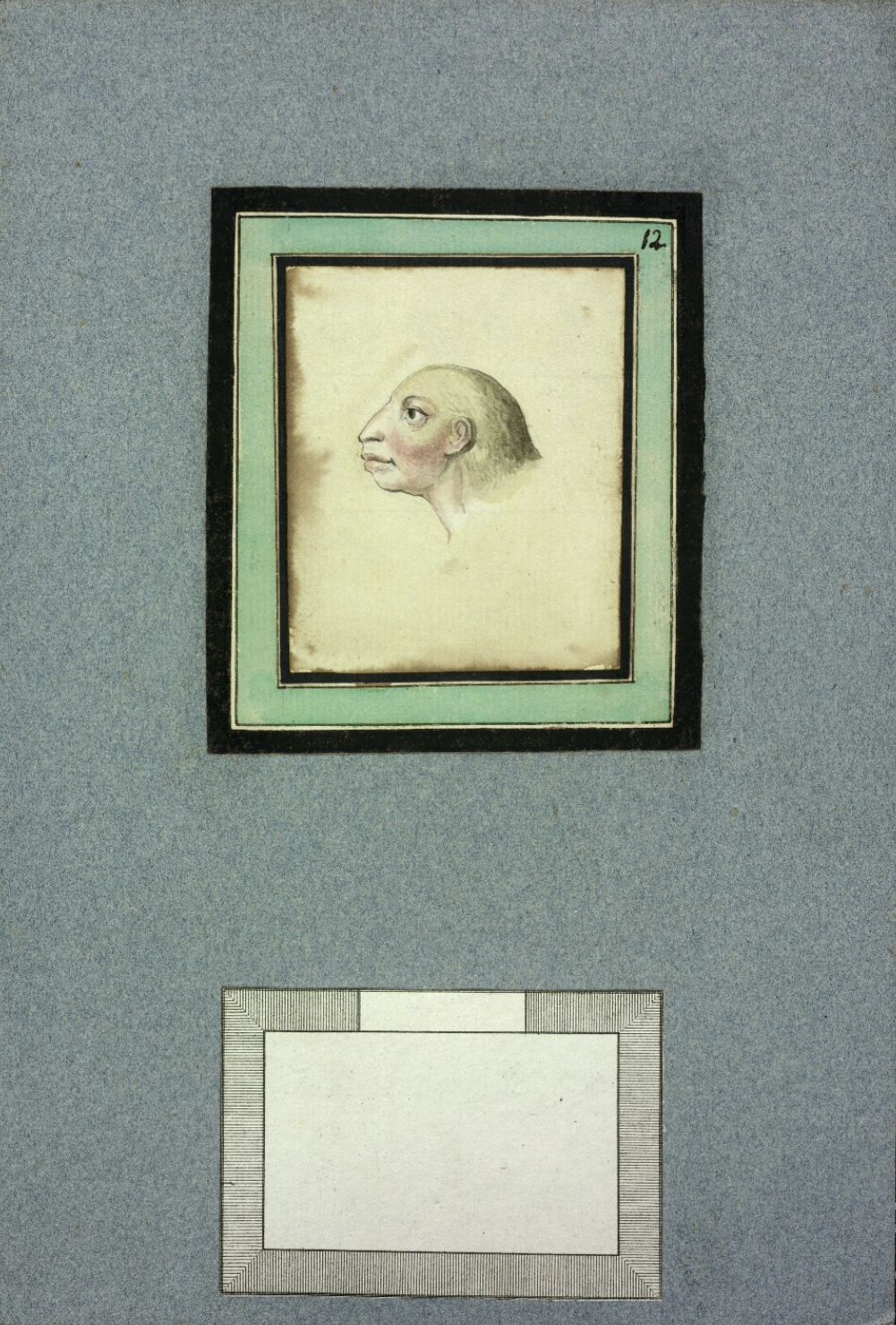 A vintage-style portrait of a bald man's head in profile, framed within a multi-layered frame. Below the portrait is a blank rectangular space, also framed. The background is a textured light blue-grey.