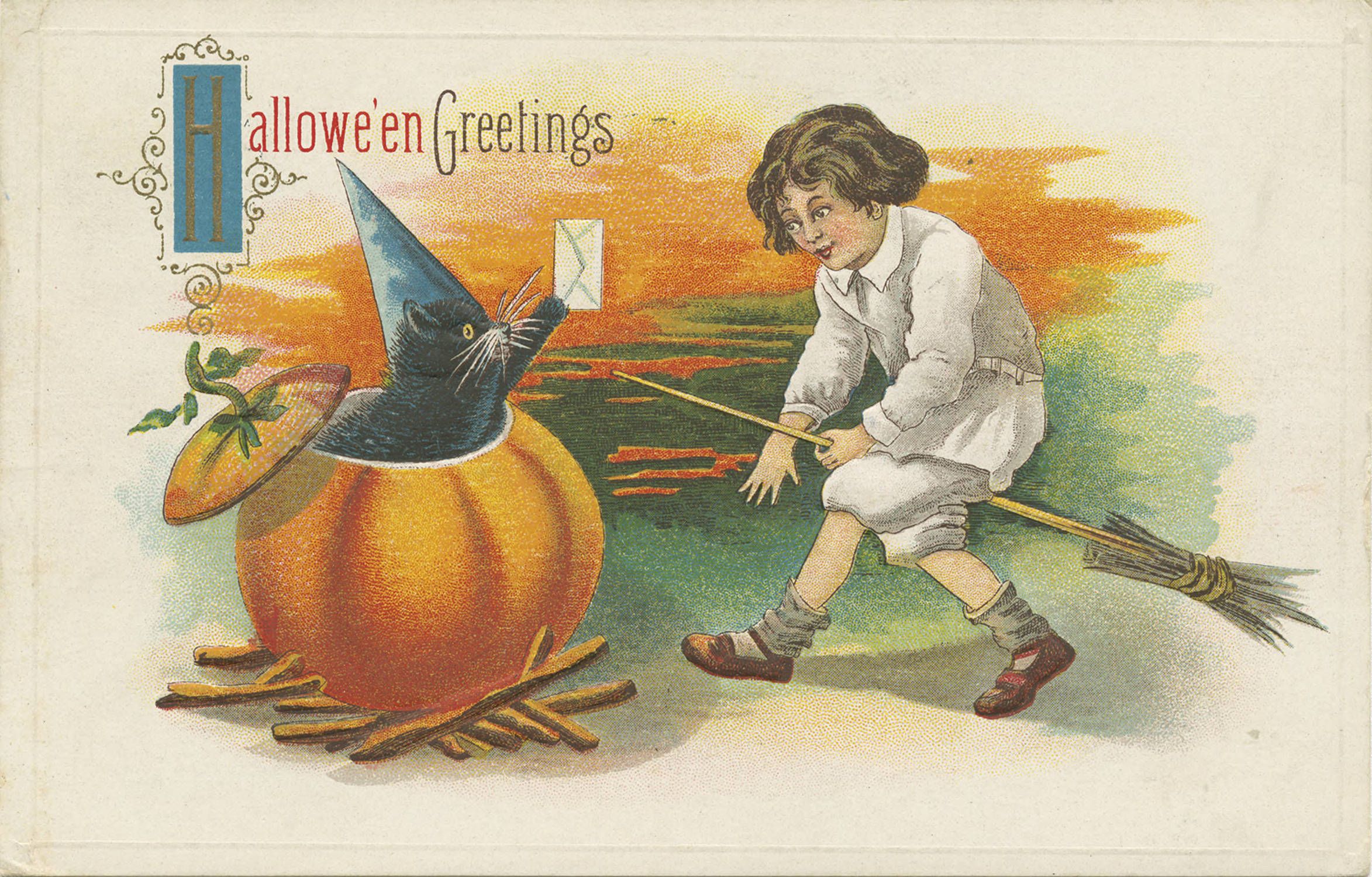 Vintage Halloween postcard illustration of a boy riding a broom, a cat emerging from a pumpkin, and a letter.