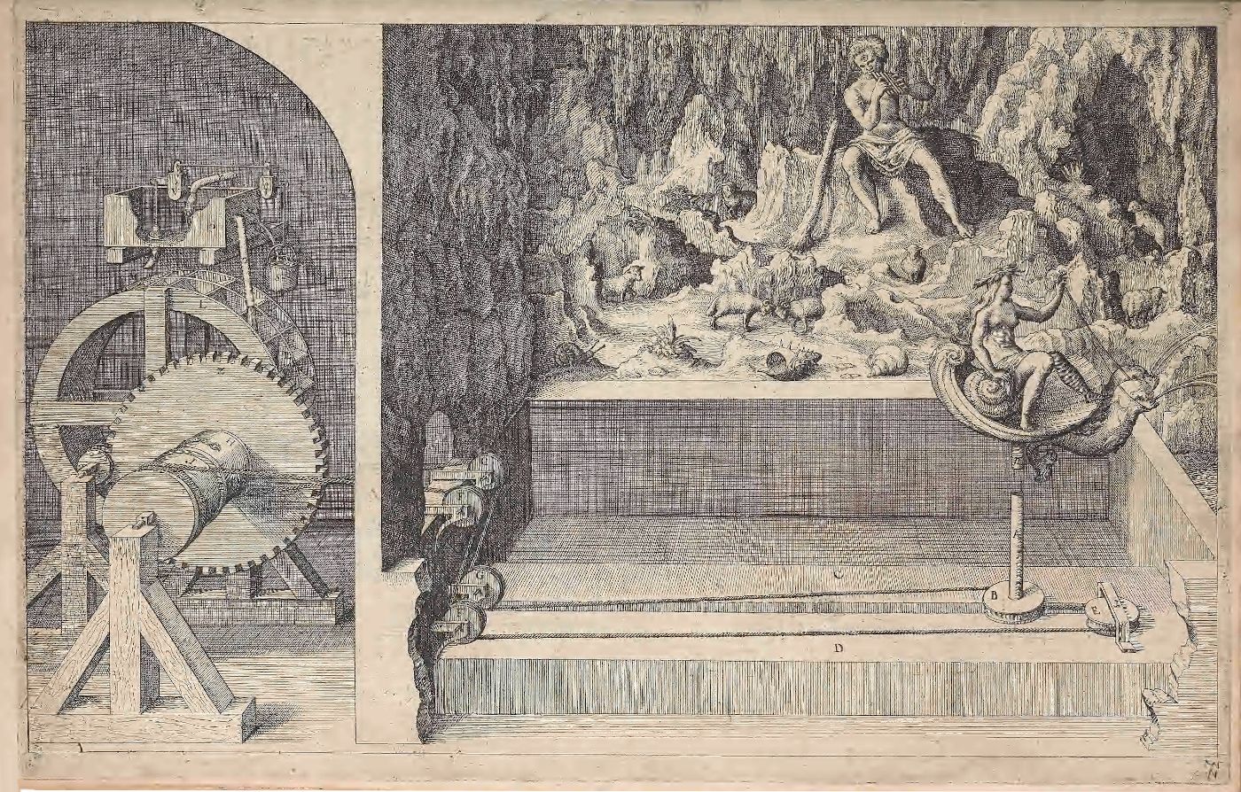 A detailed black and white engraving depicting a complex machine on the left and a landscape with figures on the right.