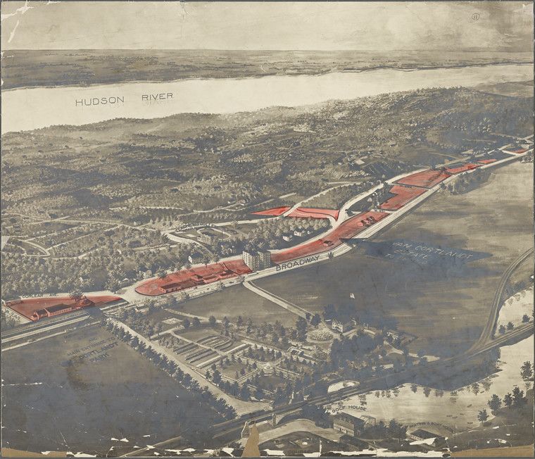Sepia-toned aerial view of a city landscape with a long road labeled 'Broadway' and the 'Hudson River' in the distance.