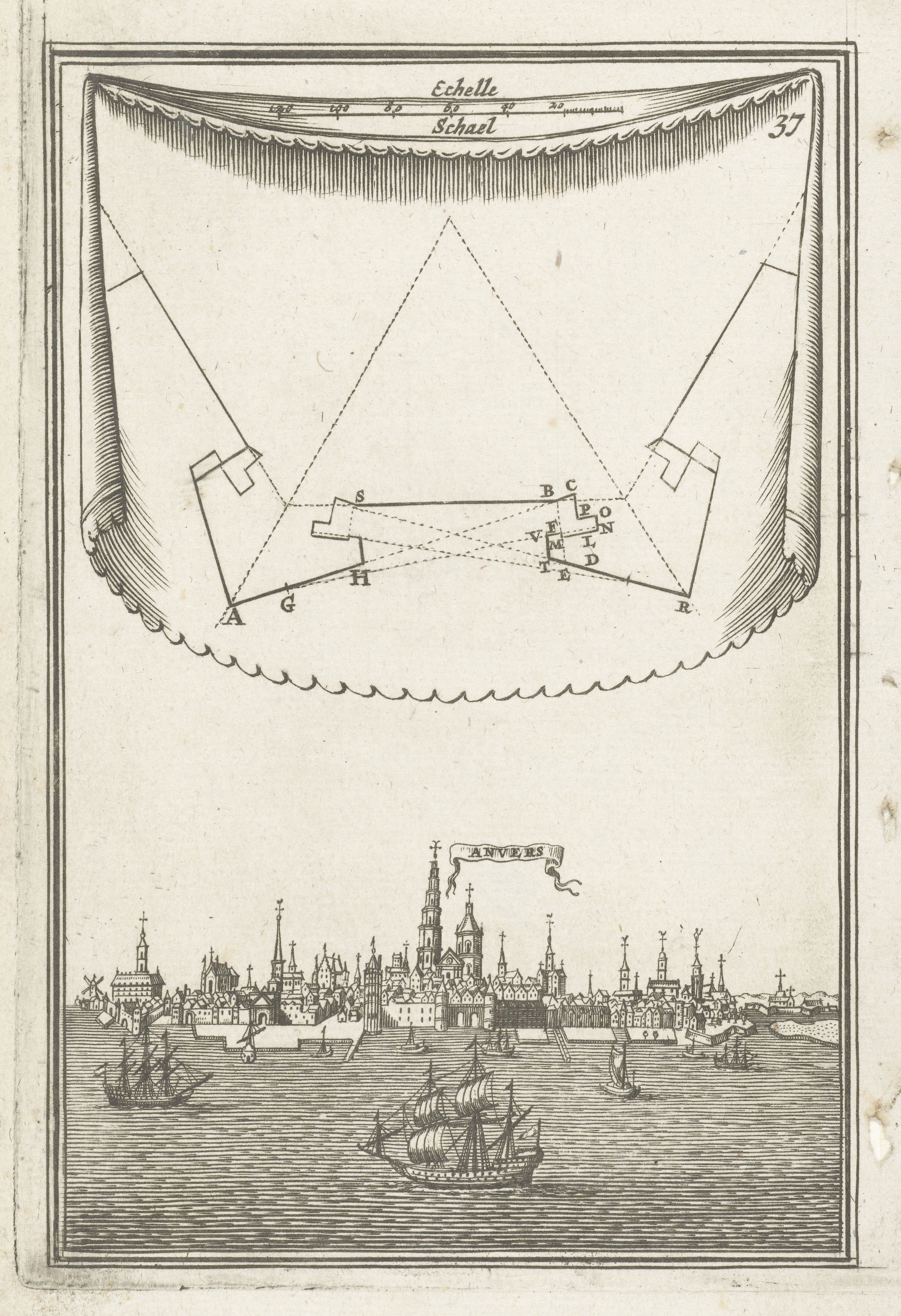 Vintage engraving of a cityscape with a fort and scale.