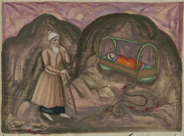 A painting of an elderly man with a white beard standing near a baby in a bed, with a snake coiled nearby in a mountainous landscape.