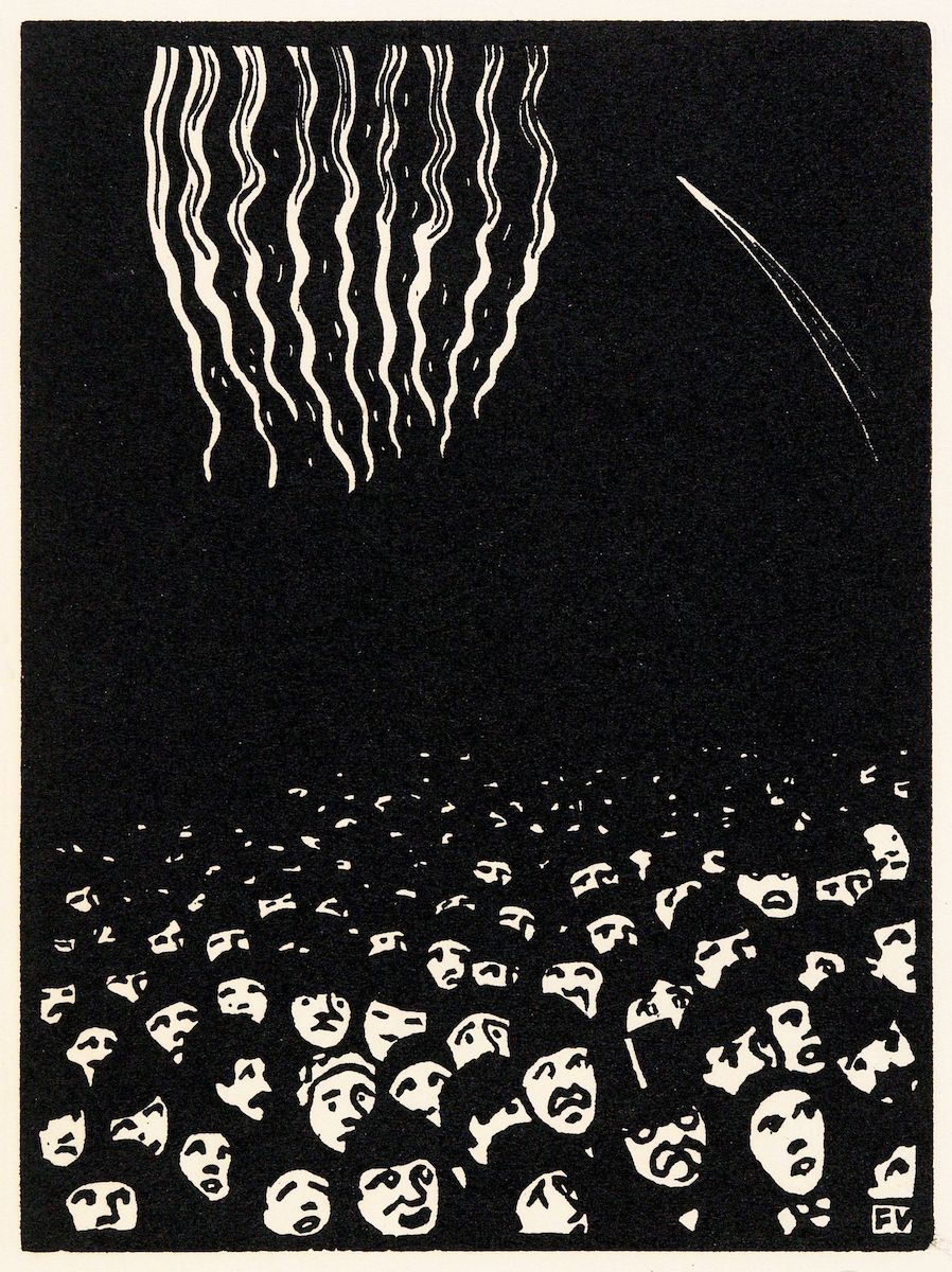 A black and white woodcut-style image with a cluster of wavy lines descending from the top onto a dense collection of stylized faces at the bottom.