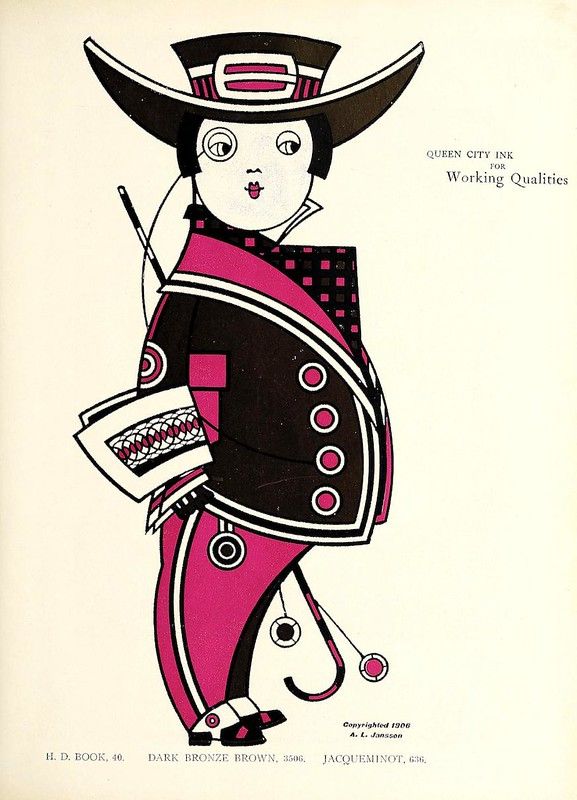 A vintage illustration of a man in a theatrical costume, with a large hat and bold, geometric clothing. The style is reminiscent of Art Deco, with a focus on flat shapes and bold lines.