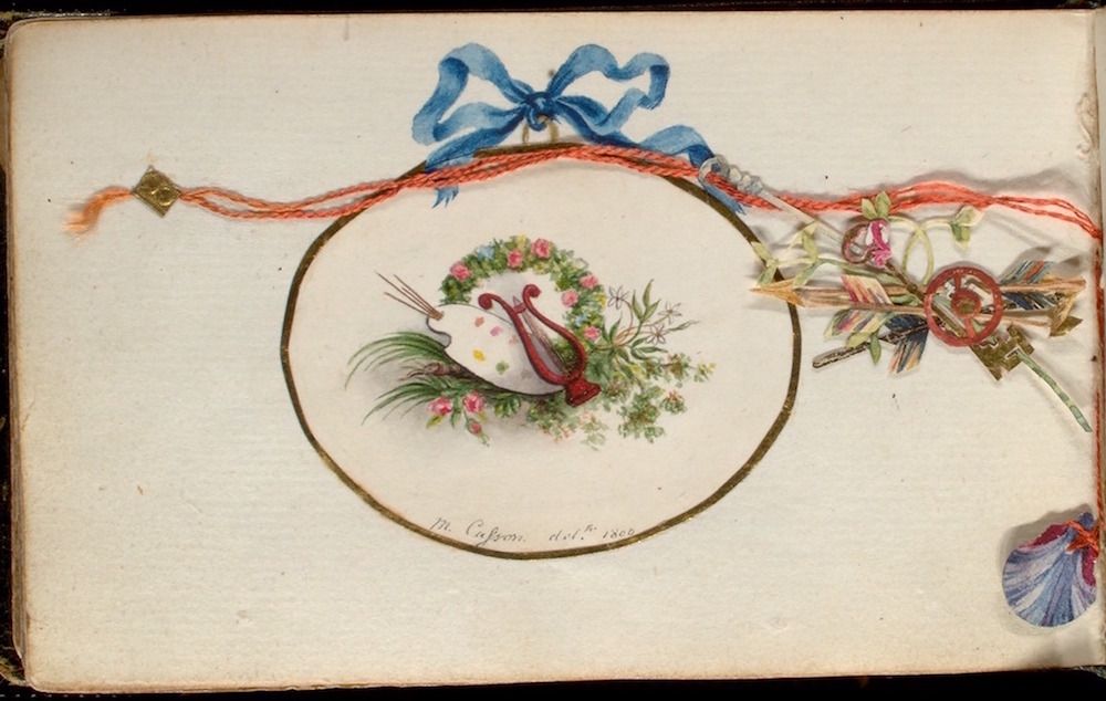 A delicate watercolor painting on a creamy paper, featuring a lyre within a floral wreath, adorned with blue and red ribbons.