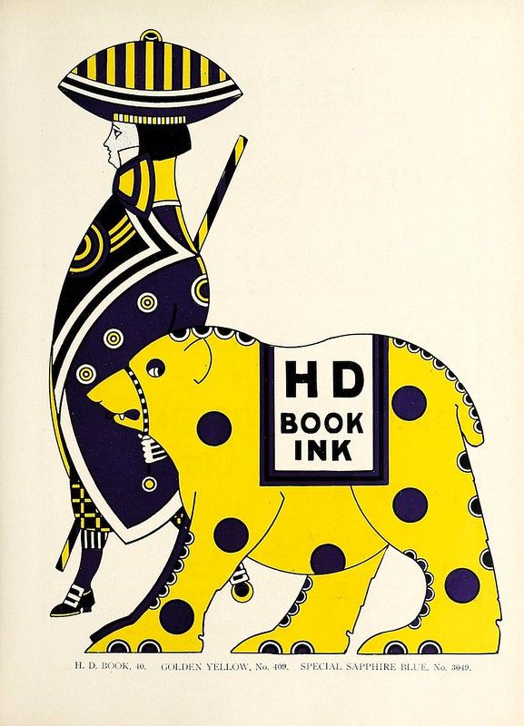 Vintage advertisement featuring a stylized illustration of an elephant being ridden by a person, with a sign reading 'HD BOOK INK' on its side.