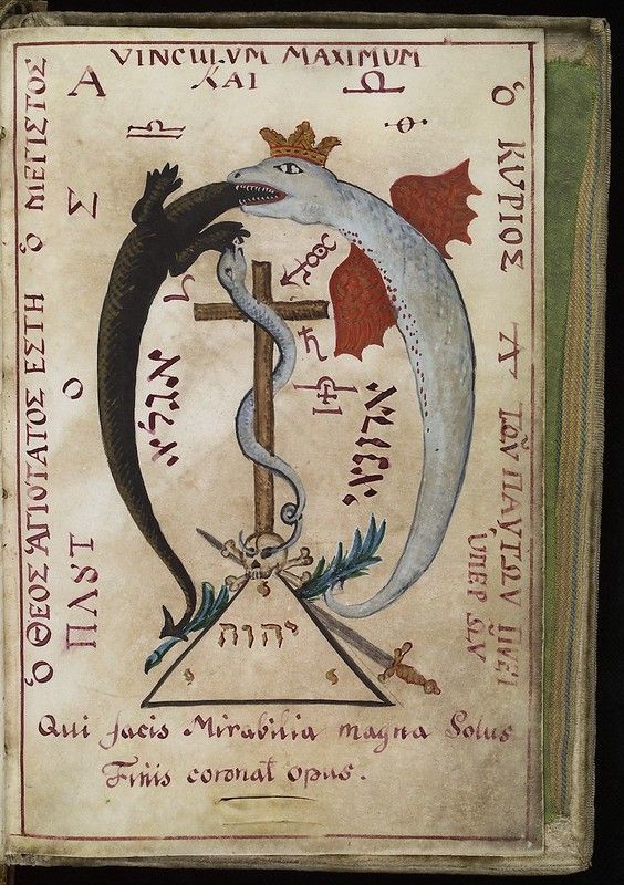 A medieval manuscript page with a large letter 'O' containing a blue dragon coiled around a green cross, surrounded by Greek and Latin text.