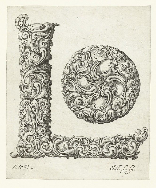 A detailed black and white engraving of the letter 'L' constructed from intricate, swirling, and leafy ornamentation. Below the letter are the initials 'I.C.B. in:' and 'I.F. Sculp:'.