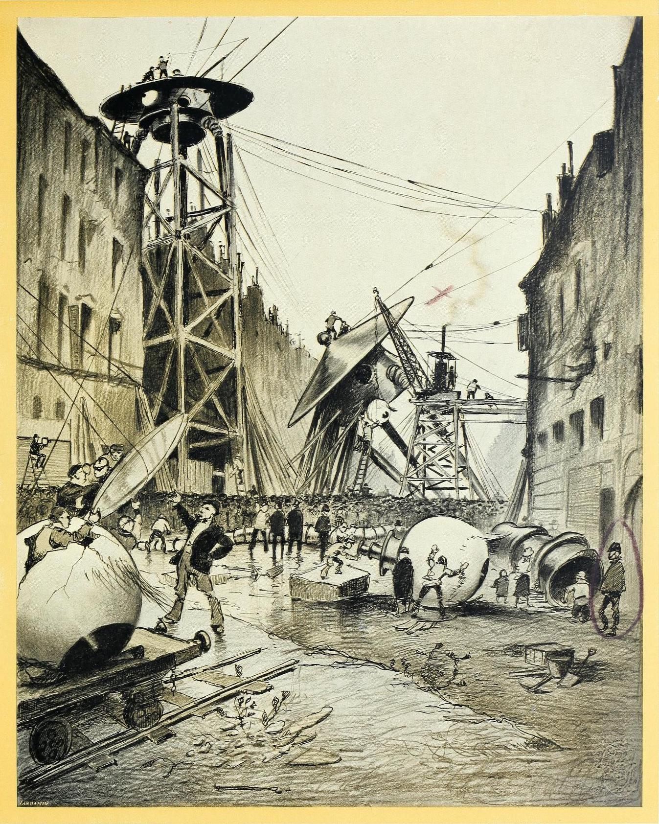 A black and white illustration of a bustling construction site in a narrow city street, dominated by a massive tunnel boring machine and numerous workers.
