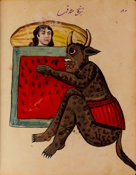 A vintage illustration of a spotted, horned creature reaching towards a person in bed through a window.