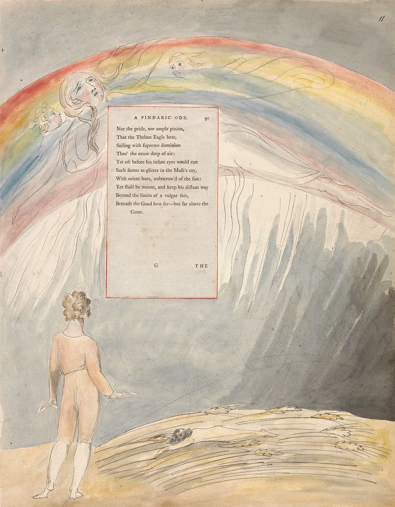 Watercolor illustration of an eagle soaring in a colorful sky above a field of wheat with a nude figure reaching towards a golden orb.