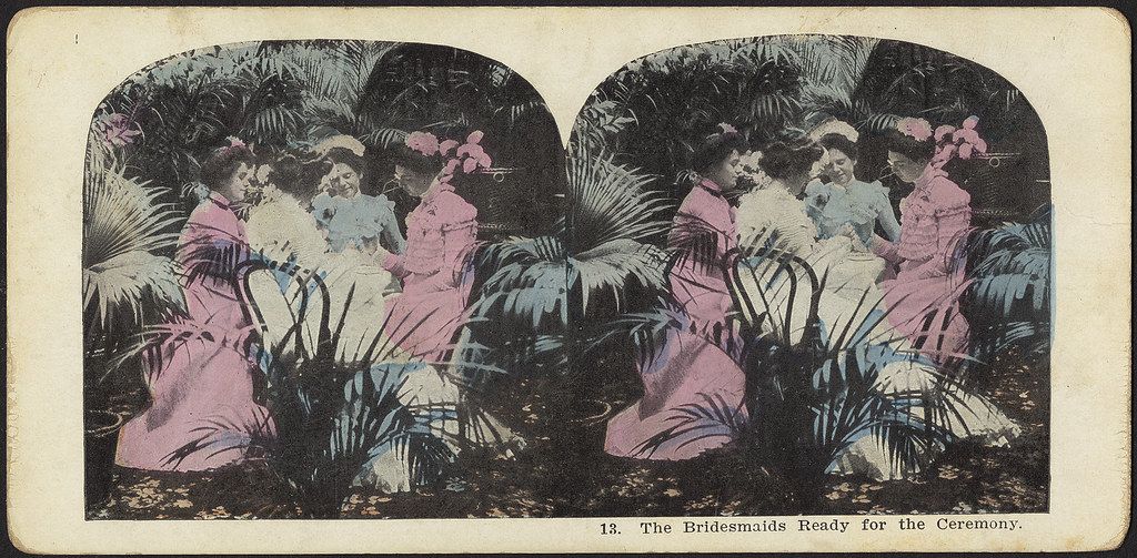Stereo card of three bridesmaids in pink dresses and hats, standing among palm fronds, labeled '13. The Bridesmaids Ready for the Ceremony.'