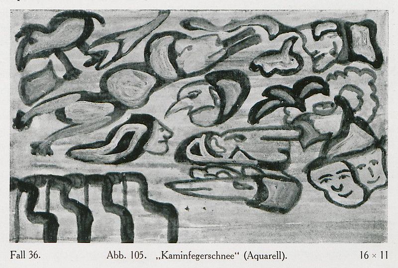 Black and white abstract watercolor painting titled "Kaminfegerschnee" (Chimney Sweep Snow) with bird-like figures, chimney-like shapes, and a small face.