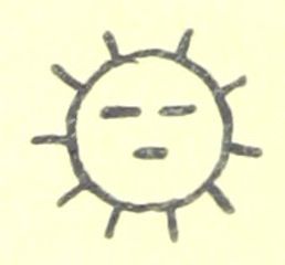 A simple hand-drawn sketch of a face with sun rays around it, featuring closed eyes and a small mouth.